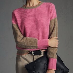 Maeve Anthropologie 100% Cashmere Colorblock Sweater Waffle Knit Pink Large